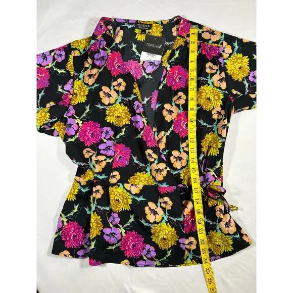 Topshop Floral Wrap Blouse Womens Size 10 Black Yellow Preppy Classic NWT - Picture 12 of 12